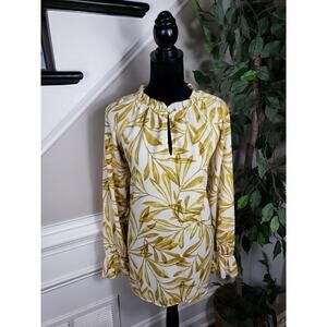 Kaari Blue Blouse Women’s L Yellow Floral Long Sleeve Ruffle Cuff Tunic Top